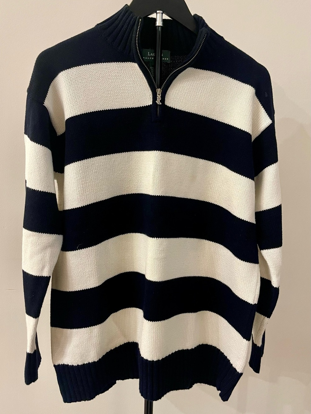 Vintage Ralph Lauren Navy and White Striped cotton Quarter Zip-Up Sweater